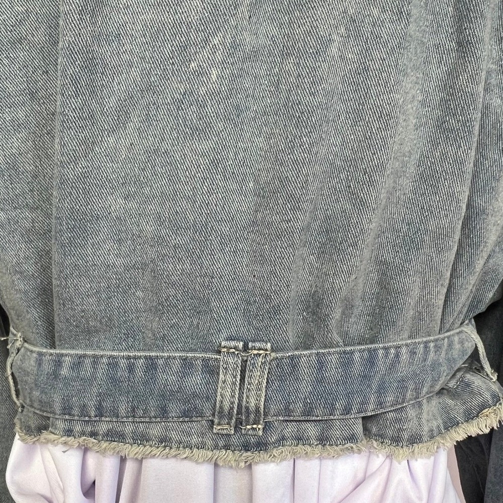 Indefeir Cropped Denim Moto Jacket Light Wash Belted Raw Hem Blue Womens Size S - Picture 5 of 10